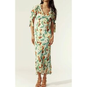 NEW Anthropologie Floral Chiffon Tie‎ Sleeve Slip Midi Dress Sage Multi S NWT